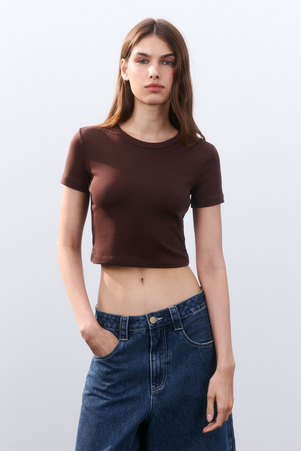 Футболка-топ базовая укороченная - цвет коричневый - 2