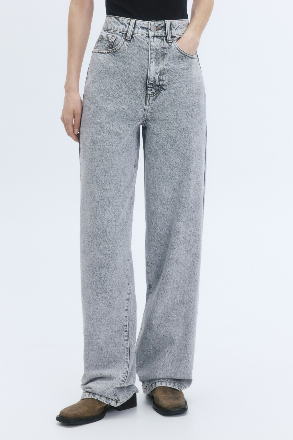 Джинсы wide широкие с высокой посадкой - цвет серый - 1