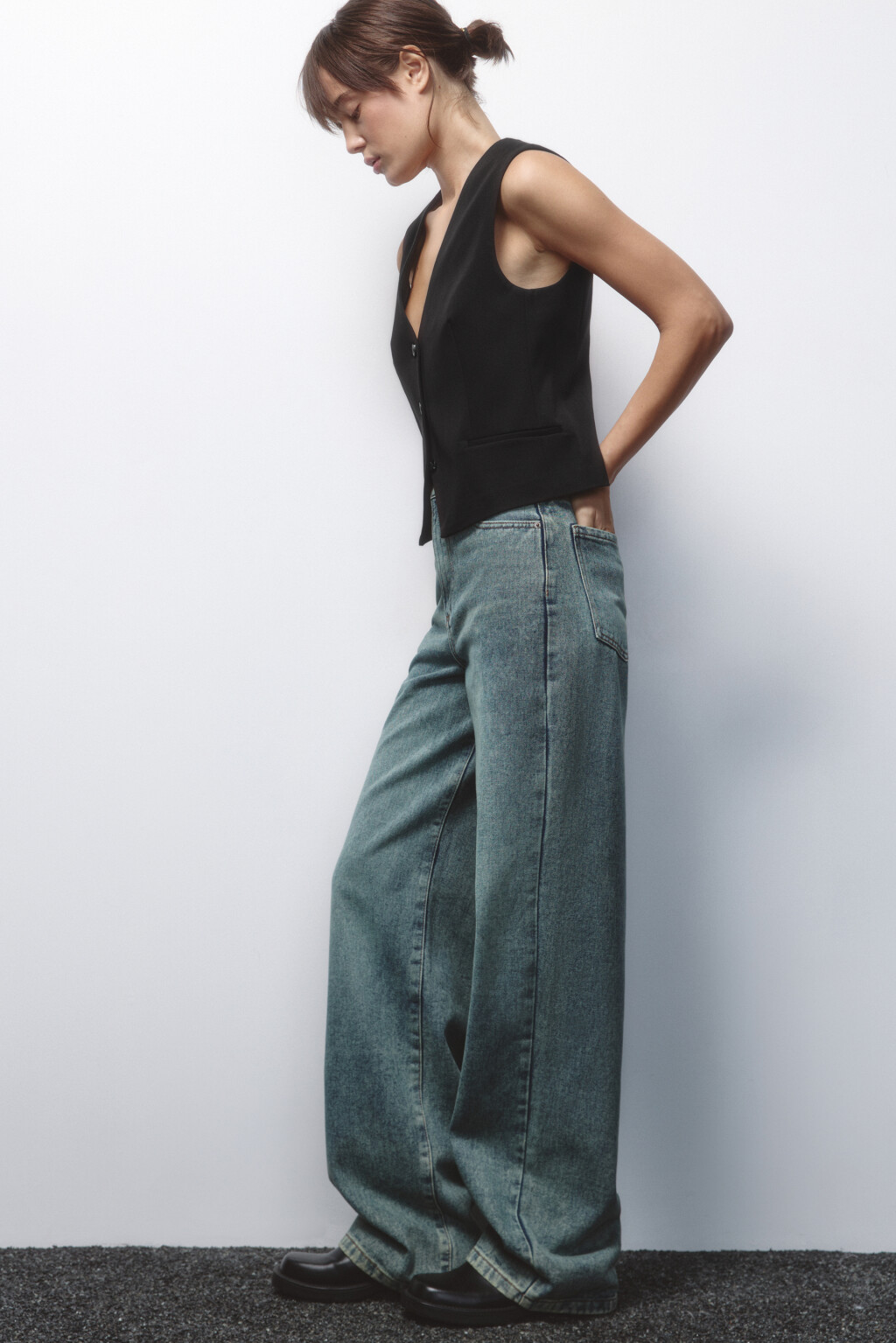 Джинсы широкие с высокой посадкой - цвет темный тинт - 1