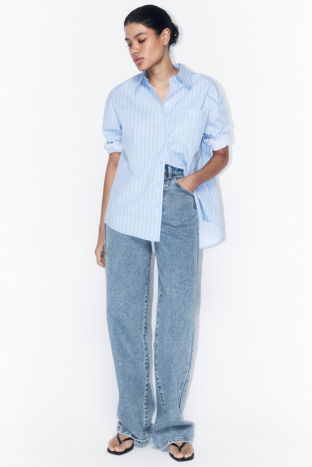 Джинсы широкие с высокой посадкой - цвет голубой - 1