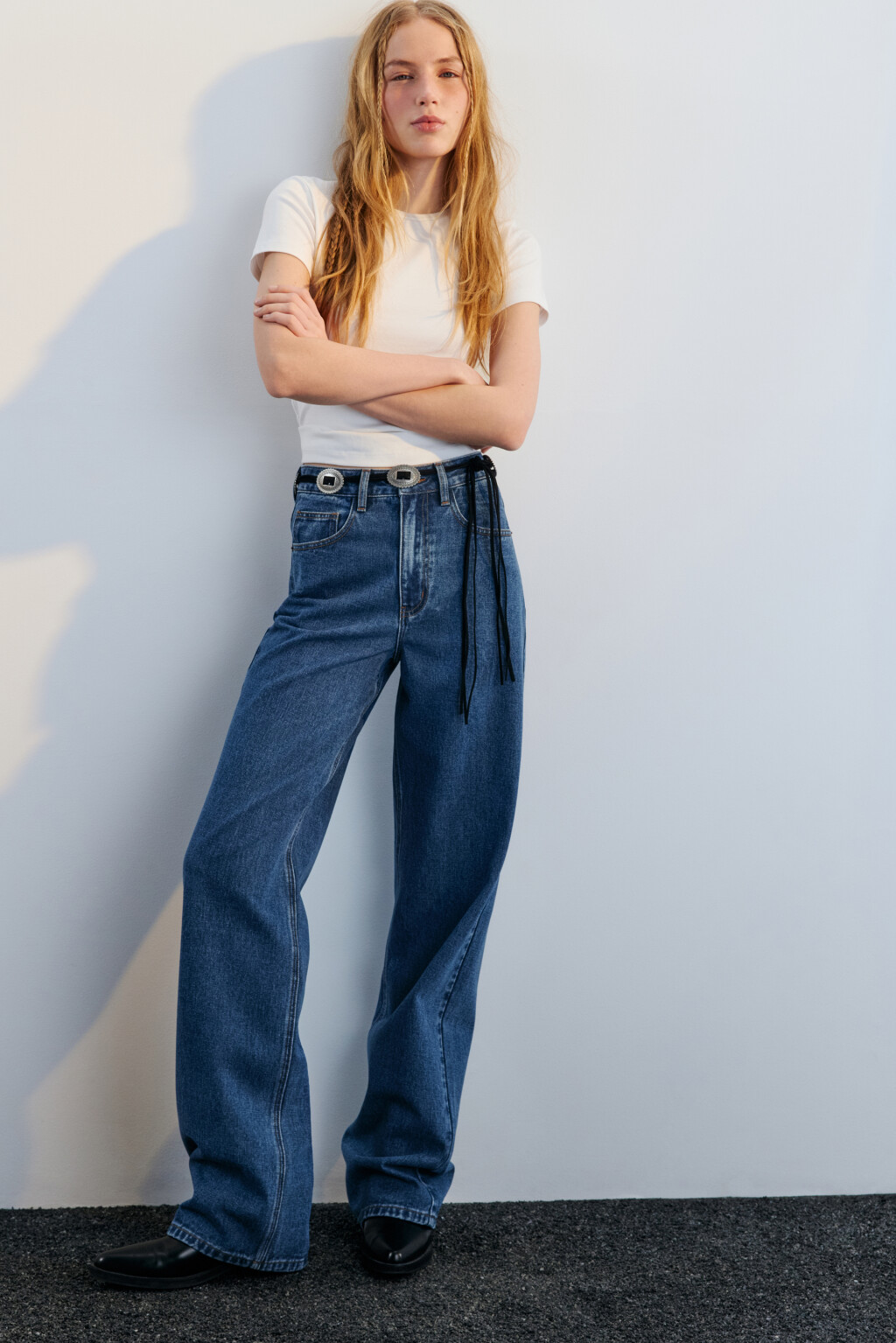 Джинсы широкие с высокой посадкой - цвет голубой - 1