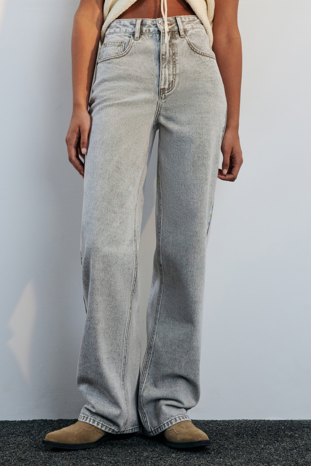 Джинсы широкие с высокой посадкой - цвет серый - 2