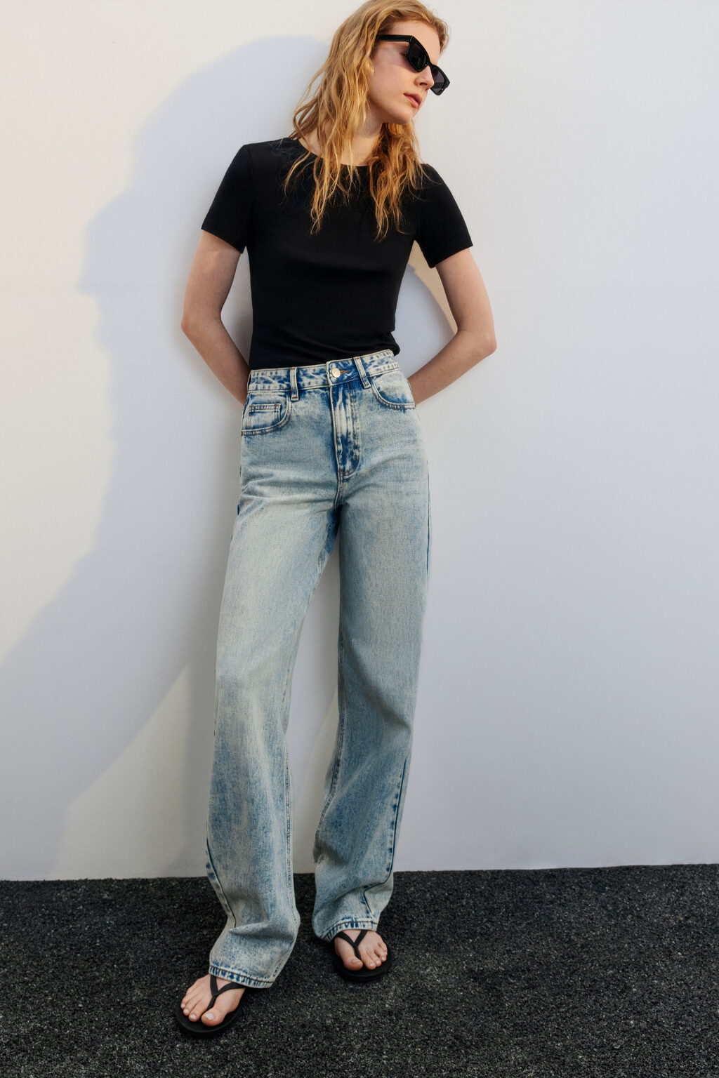 Джинсы широкие с высокой посадкой - цвет синий - 1