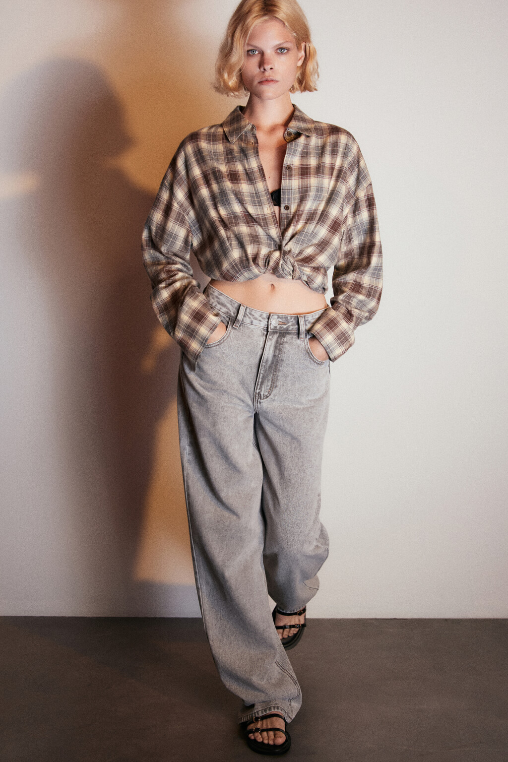 Джинсы широкие с высокой посадкой - цвет серый - 1