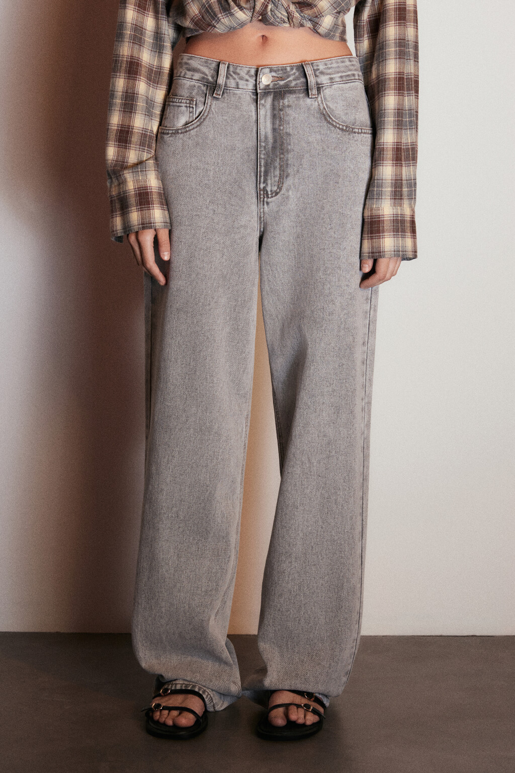 Джинсы широкие с высокой посадкой - цвет серый - 3