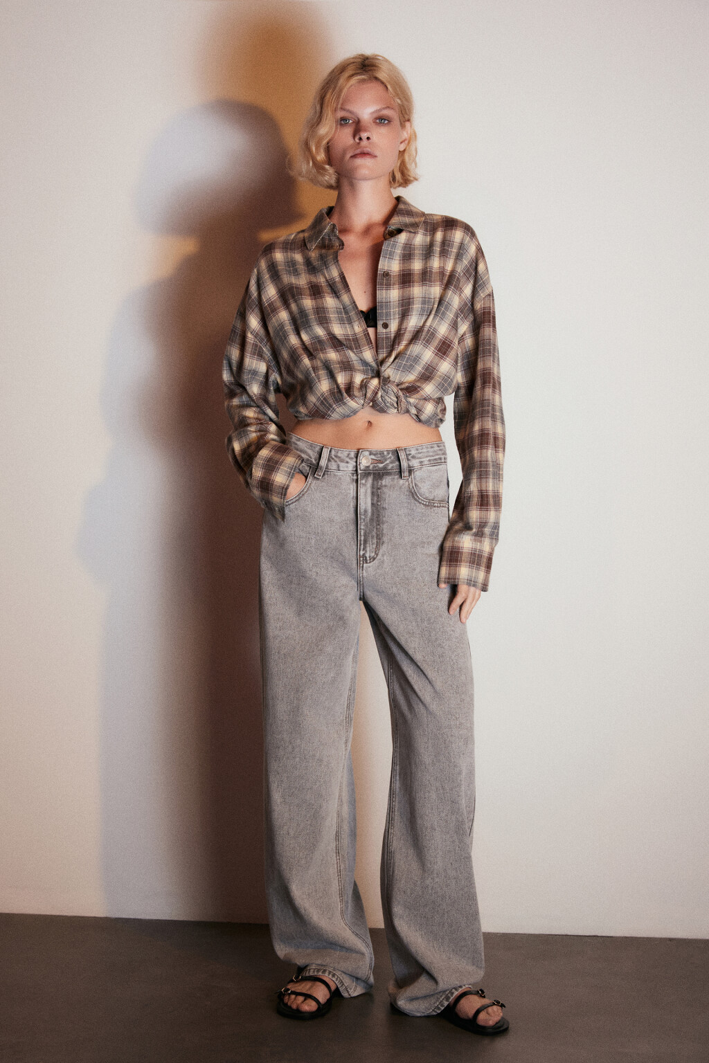 Джинсы широкие с высокой посадкой - цвет серый - 5