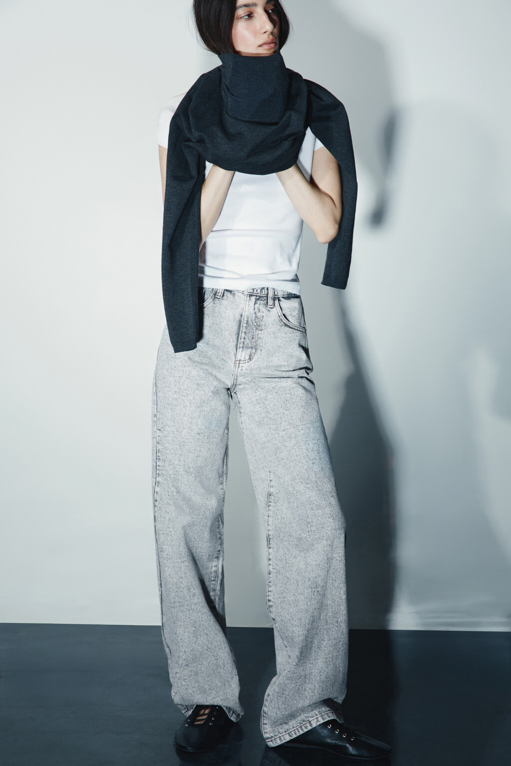 Джинсы широкие с высокой посадкой - цвет серый - 1