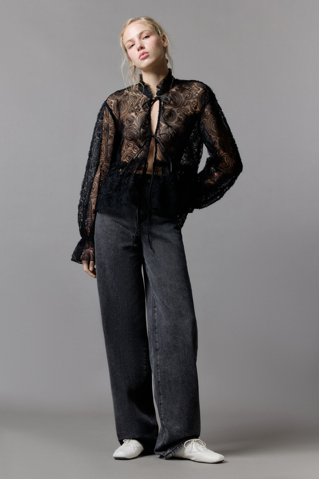 Джинсы широкие с высокой посадкой - цвет серый - 1