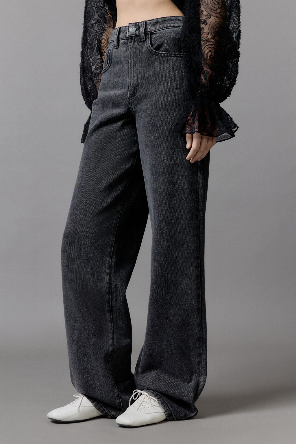 Джинсы широкие с высокой посадкой - цвет серый - 3