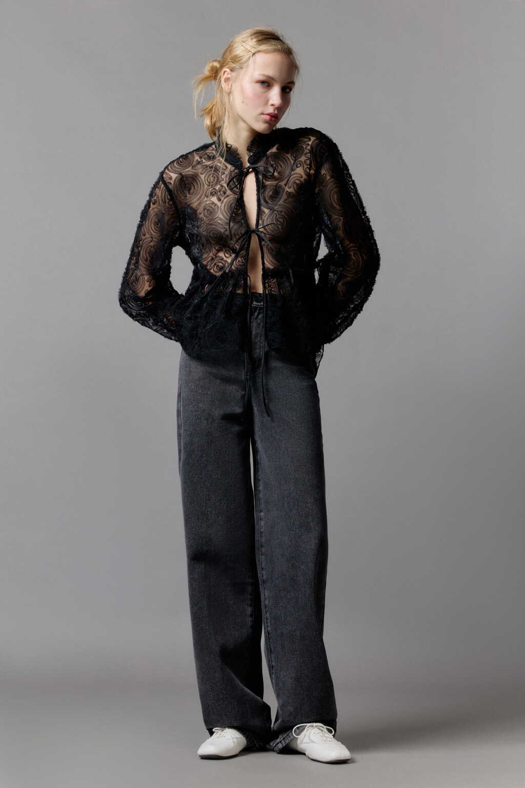 Джинсы широкие с высокой посадкой - цвет серый - 5