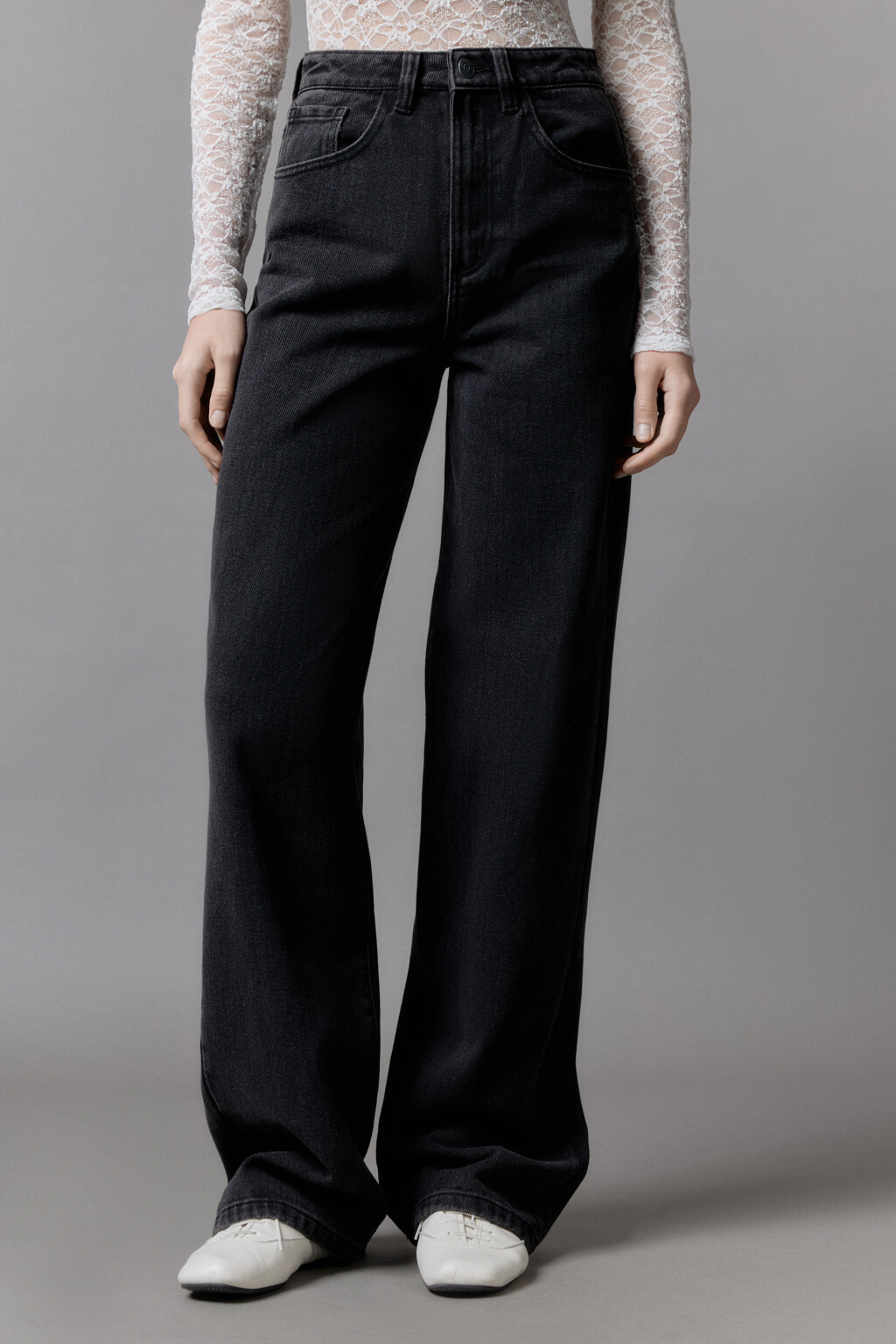 Джинсы широкие с высокой посадкой - цвет серый - 2