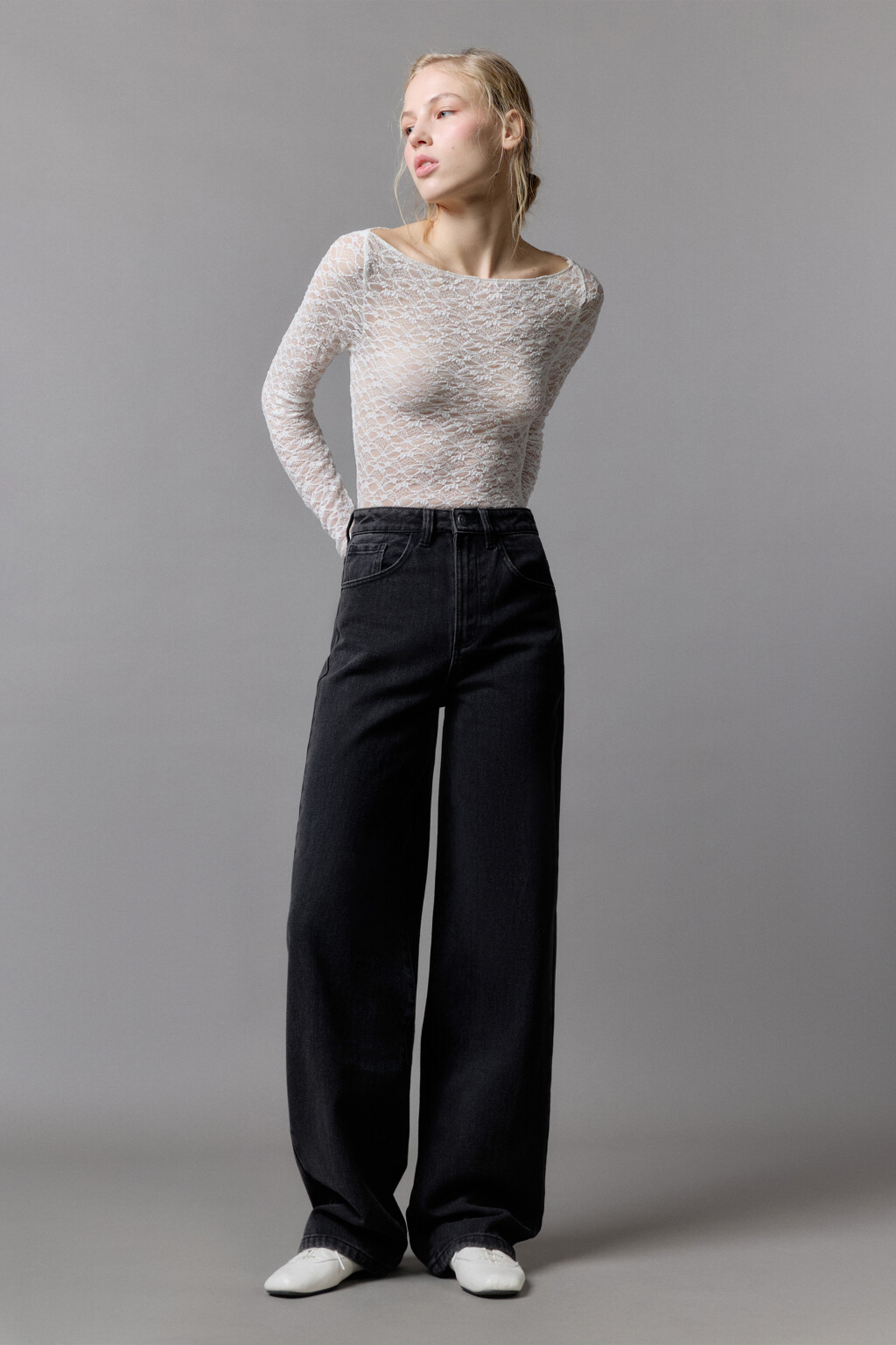 Джинсы широкие с высокой посадкой - цвет серый - 5