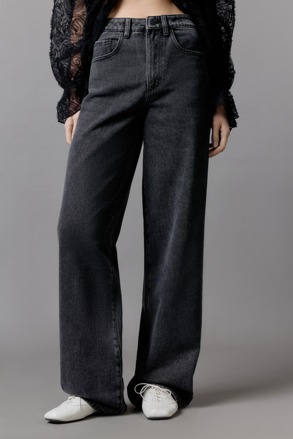 Джинсы широкие с высокой посадкой - цвет серый - 3