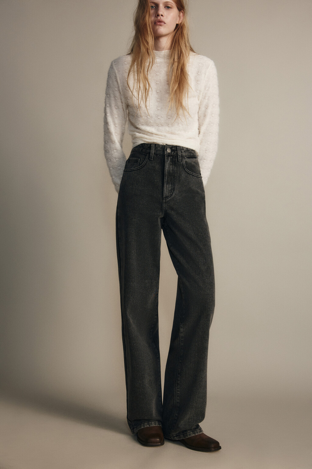 Джинсы широкие с высокой посадкой - цвет серый - 1