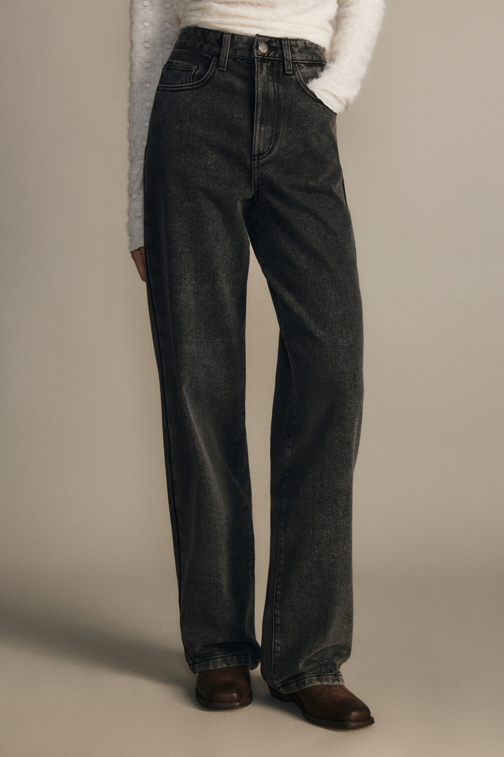 Джинсы широкие с высокой посадкой - цвет серый - 2