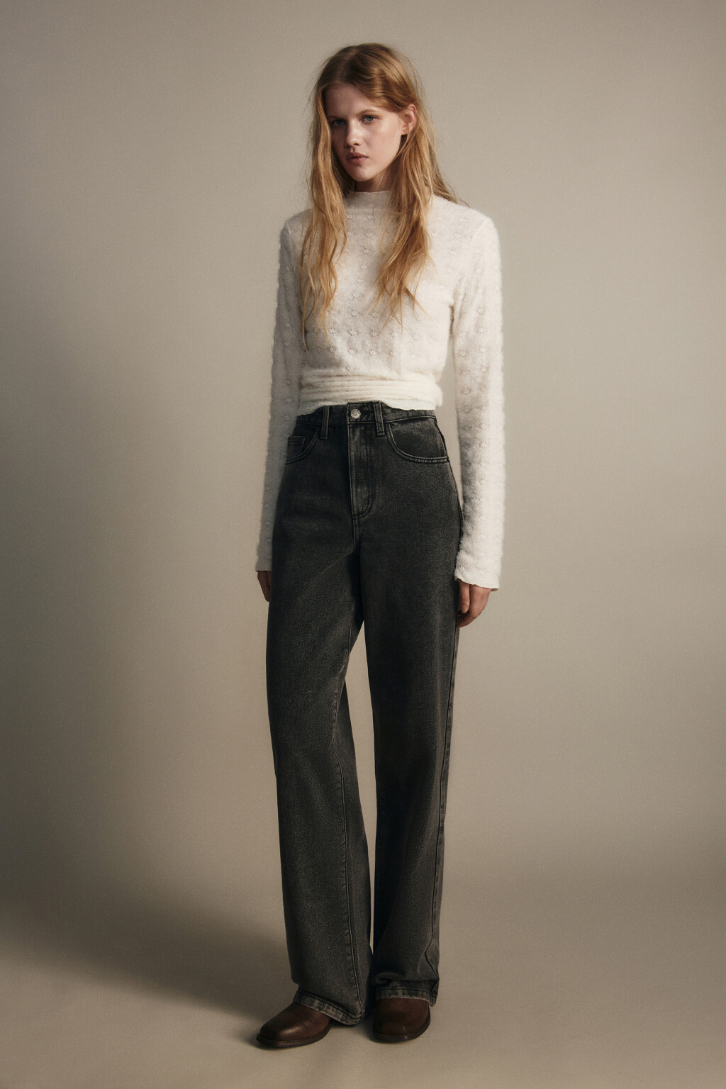 Джинсы широкие с высокой посадкой - цвет серый - 4