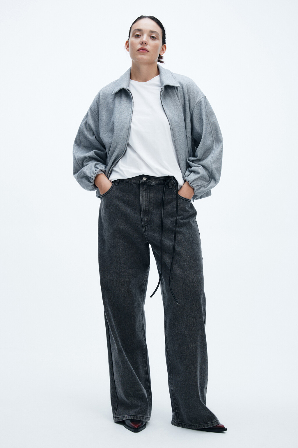 Джинсы широкие с высокой посадкой - цвет серый - 5