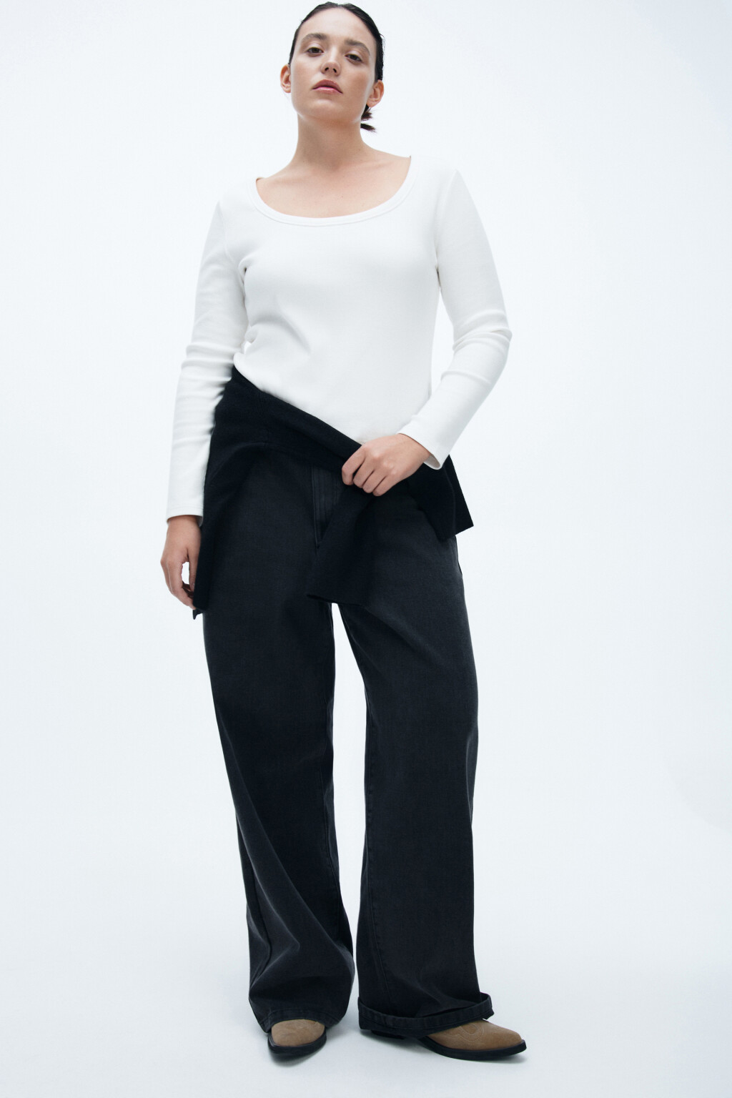 Джинсы широкие с высокой посадкой - цвет серый - 1