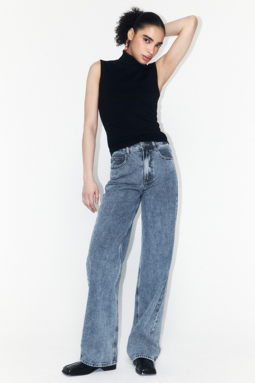 Джинсы широкие с высокой посадкой - цвет голубой - 1