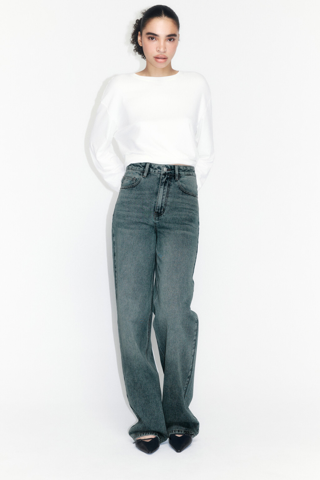Джинсы широкие с высокой посадкой - цвет темный тинт - 1