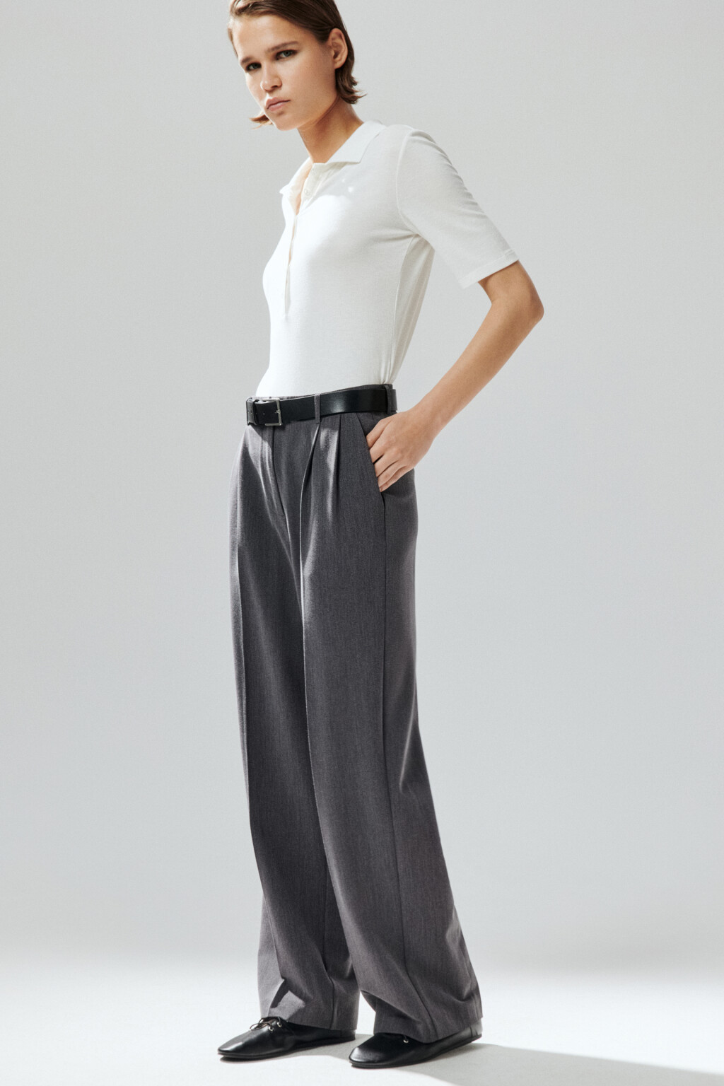 Брюки широкие с высокой посадкой - цвет серый - 2