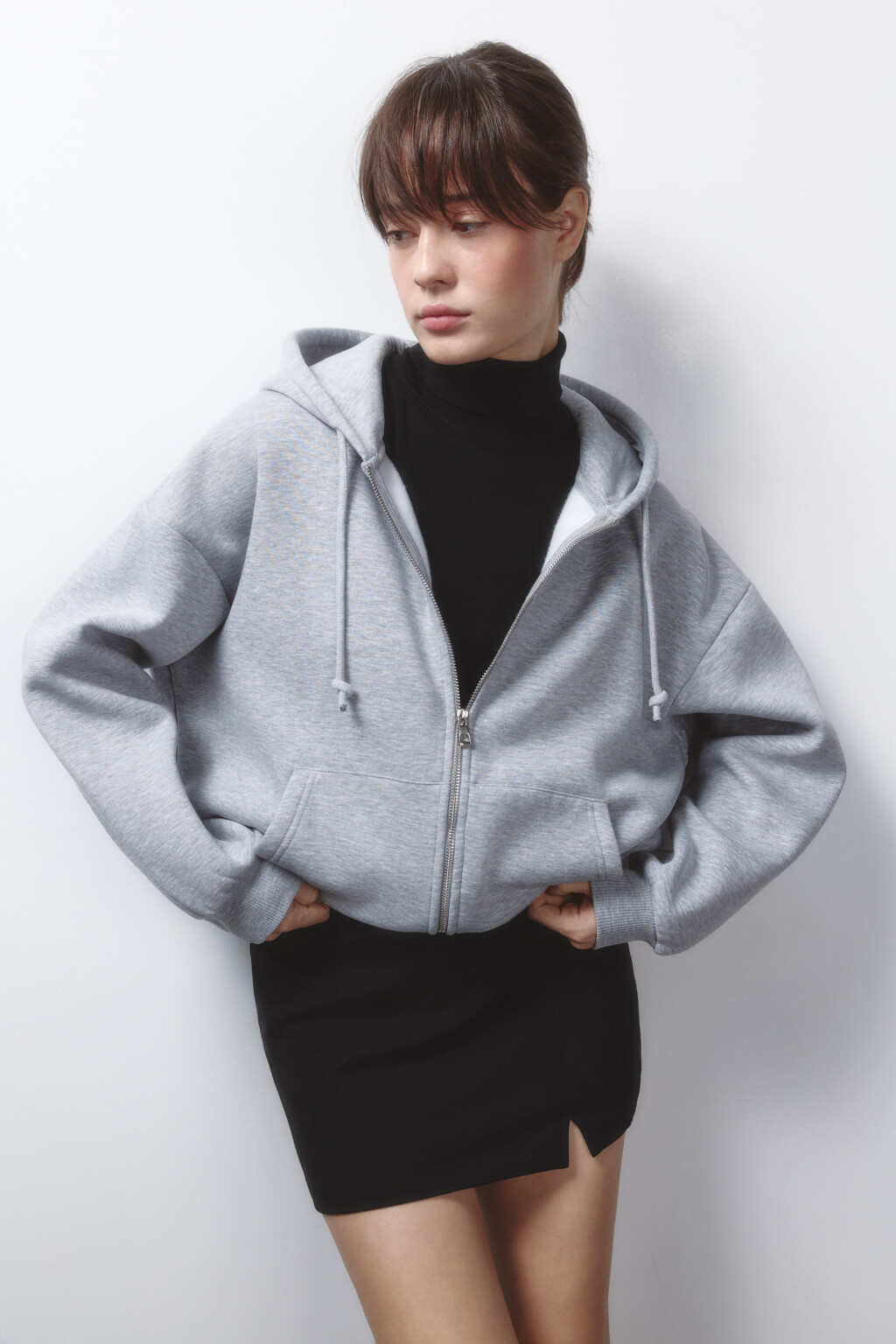 Худи-зипка oversize утепленная с капюшоном - цвет серый - 1