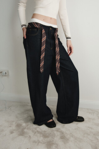 Джинсы багги со средней посадкой и поясом-галстуком