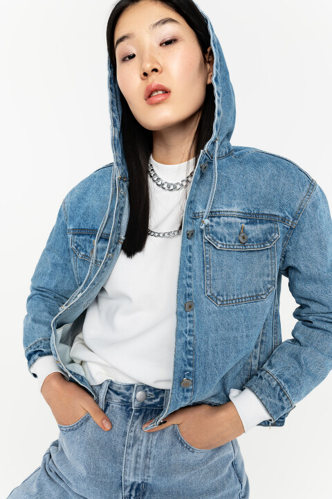 

Куртка джинсовая укороченная с капюшоном, Голубой, куртка джинсовая укороченная с капюшоном