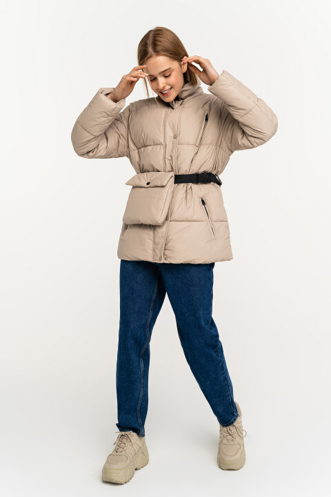 

Куртка стеганая с воротником-стойкой и поясной сумкой на ремне, Бежевый, Куртка стеганая с воротником-стойкой и поясной сумкой на ремне
