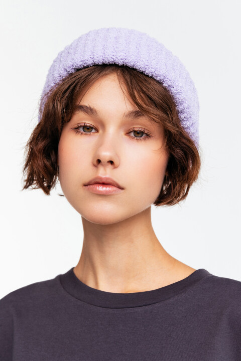 

Шапка бини из синельной пряжи, Сиреневый, Шапка бини из синельной пряжи