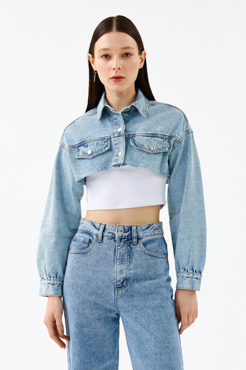 

Куртка джинсовая обрезанная, Голубой, Куртка джинсовая обрезанная