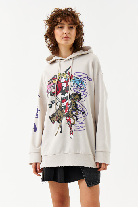 

Толстовка oversize с капюшоном и принтом, Бежевый, Толстовка oversize с капюшоном и принтом