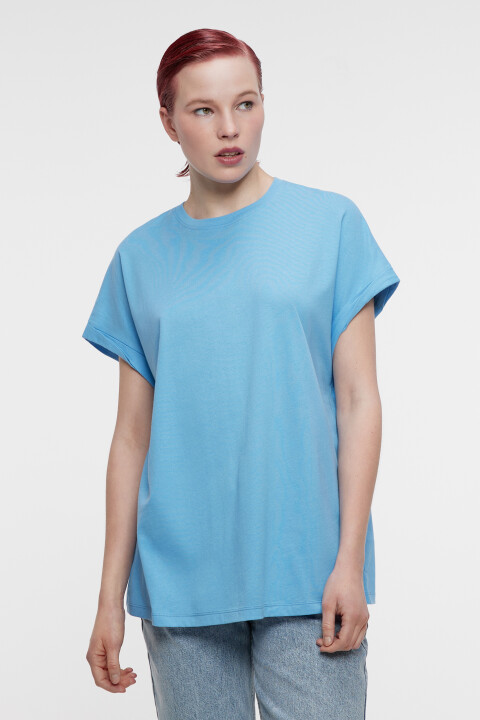 

Футболка oversize хлопковая с подвернутыми рукавами, Голубой, Футболка oversize хлопковая с подвернутыми рукавами