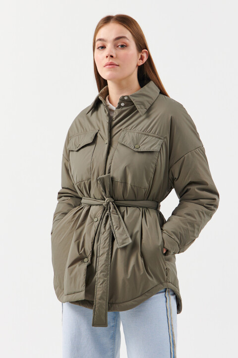 

Куртка-рубашка утепленная с поясом, Зеленый, Куртка-рубашка утепленная с поясом