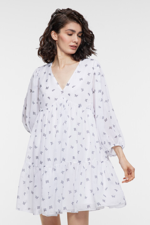 

Платье-трапеция мини шифоновое с принтом и воланами, Белый, Платье-трапеция мини шифоновое с принтом и воланами