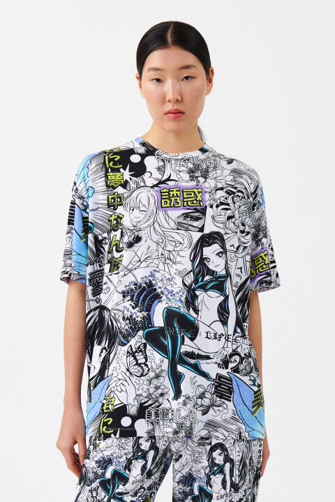 

Футболка oversize с принтом аниме, Черный, Футболка oversize с принтом аниме