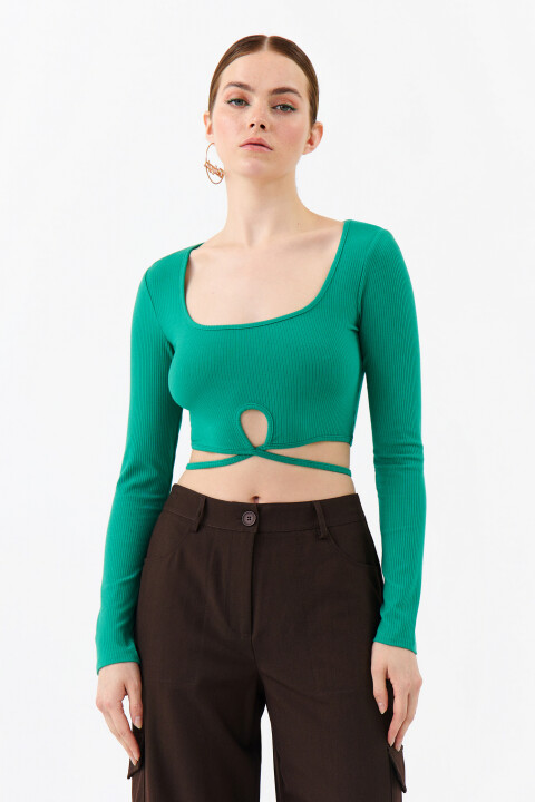 

Лонгслив вискозный с завязками на талии, Зеленый, Лонгслив вискозный с завязками на талии