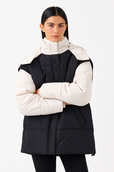 

Куртка-пуховик двухцветная с капюшоном, Бежевый, Куртка-пуховик двухцветная с капюшоном