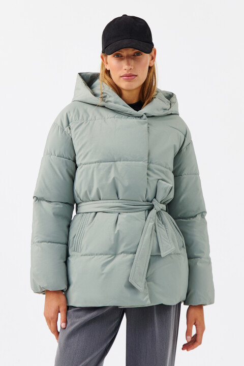 

Куртка стеганая с капюшоном и поясом, Мятный, Куртка стеганая с капюшоном и поясом