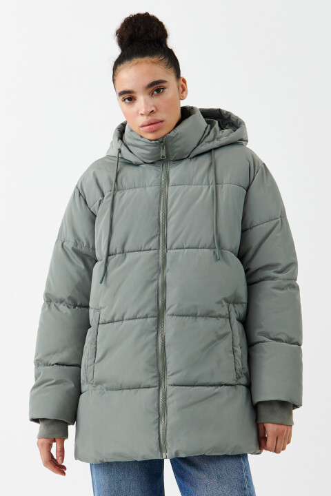 

Пуховик стеганый с капюшоном на завязках, Коричневый, Пуховик стеганый с капюшоном на завязках