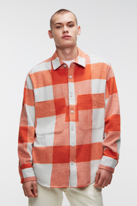 

Рубашка oversize теплая в клетку, Оранжевый, Рубашка oversize теплая в клетку