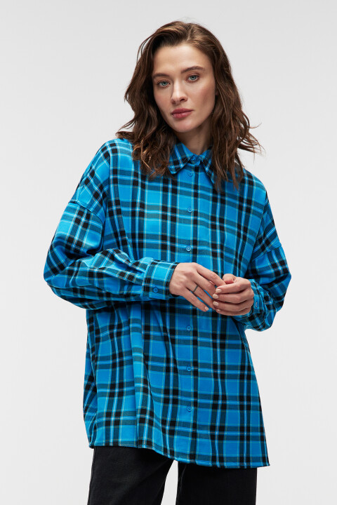

Рубашка oversize прямая клетчатая, Синий, Рубашка oversize прямая клетчатая