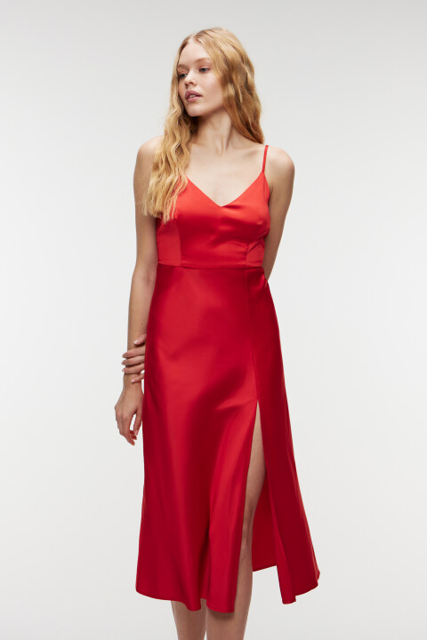 

Платье-комбинация миди на тонких бретельках с разрезом, Красный, Платье-комбинация миди на тонких бретельках с разрезом