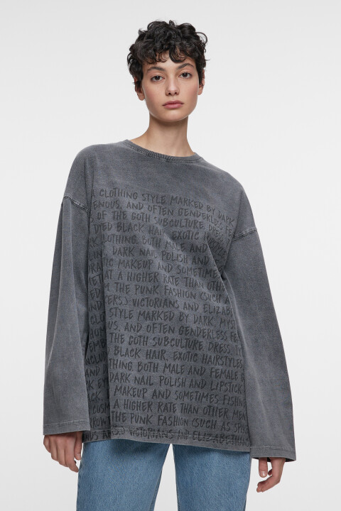 

Лонгслив oversize хлопковый с принтом-надписью, Серый, Лонгслив oversize хлопковый с принтом-надписью