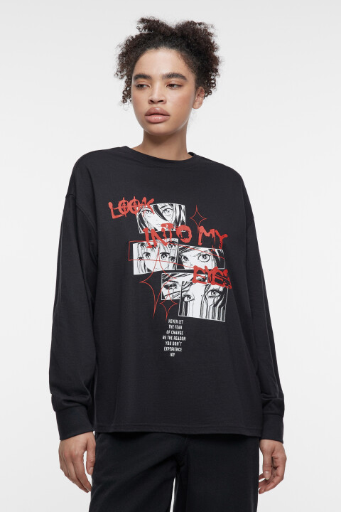 

Лонгслив oversize хлопковый с принтом, Черный, Лонгслив oversize хлопковый с принтом