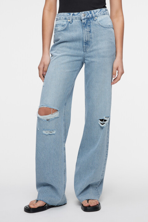 

Джинсы wide leg широкие с рваными коленями, Голубой, Джинсы wide leg широкие с рваными коленями