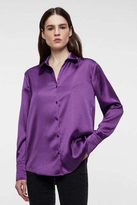 

Блузка-рубашка oversize атласная, Фиолетовый, Блузка-рубашка oversize атласная