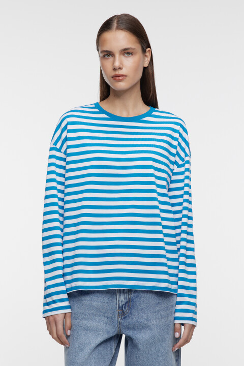 

Лонгслив oversize хлопковый в полоску, Голубой, Лонгслив oversize хлопковый в полоску