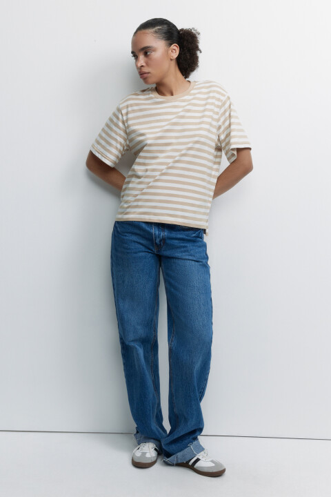 

Футболка oversize хлопковая в полоску, Бежевый, Футболка oversize хлопковая в полоску