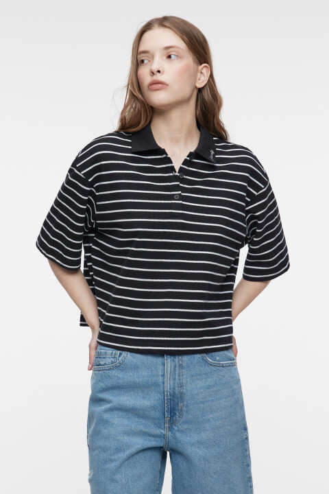 

Футболка-поло хлопковая укороченная с вышивкой, Черный, Футболка-поло хлопковая укороченная с вышивкой